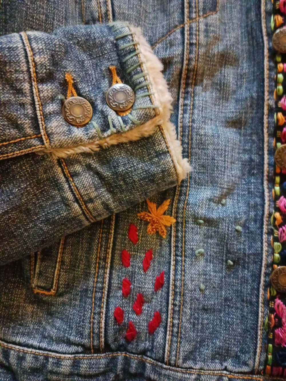 Free People Embroidered Denim Jacket with Faux Shearling Collar - Picture 6 of 7